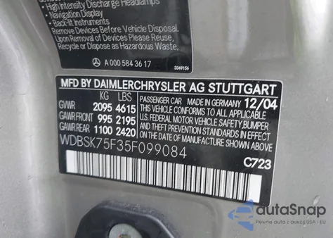 2005 Mercedes-Benz Sl 500 z USA, uszkodzony, nr VIN WDBSK75F35F099084